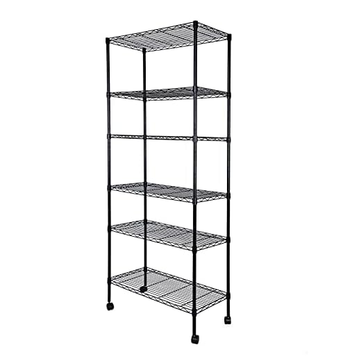Simple Deluxe Heavy Duty 6-Shelf Shelving, 29.92'' D x 13.98'' W x 71.65'' H Adjustable Wire Shelving with Hanging Hooks and Wheels, Black