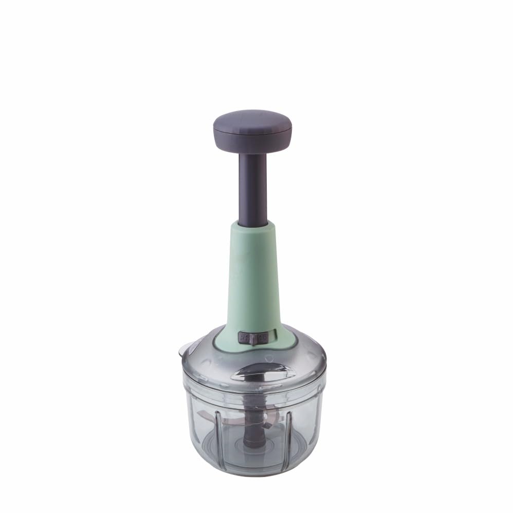 Image of Indigo Manual Food Chopper with Push Handle, 650ml Transparent Container, Sage Green, with 2 Blades