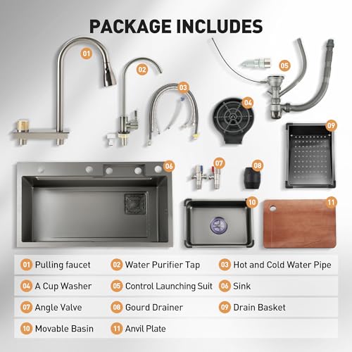 Rengue Waterfall Kitchen Sink, Drop In Single Bowl, Gray 304 Stainless Steel Workstation with Pull-Out Faucet and Multiple Accessories, 31.4917.778.66 Inch, RG-KSK01