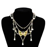 QLYOVWE Bohemian Green Butterfly Pearl Necklace for Women Handmade Lily of the Valley Crystal Beads Layered Y2K Fairy Aesthetic Jewelry Fantasy Woodland Style (Green)