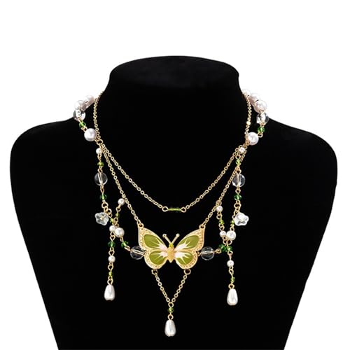 QLYOVWE Bohemian Green Butterfly Pearl Necklace for Women Handmade Lily of the Valley Crystal Beads Layered Y2K Fairy Aesthetic Jewelry Fantasy Woodland Style (Green)