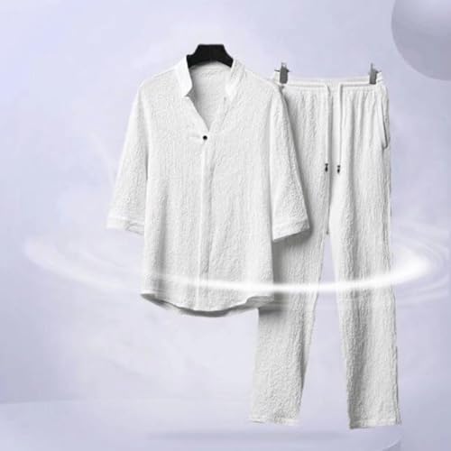 Image of CBMen's Summer Suits Casual Clothes Loose Pant 3 /4 Sleeve Suit Beach L White|Clothing Shoes & Accessories | Mens Clothing | Suits|1 Men's 2 Pieces Shirt Set
