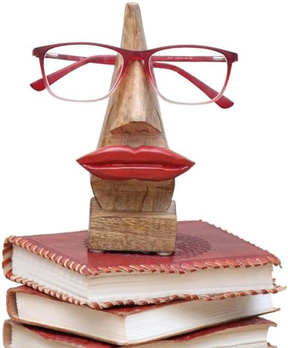 Aakrati Wooden Eyeglasses Holder - 6 Inches High, Nose-Shaped Spectacles / Glasses / Sunglasses Holder with Base (Lips)