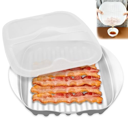 Microwave Bacon Cooker with Cover, Microwave Bacon Tray with Grease Draining Ridges, No-Mess...