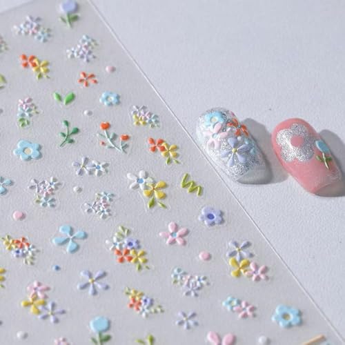 Image of Flower Nail Stickers Colorful Nail Decals for Nail Art Design 5D Embossed Self Adhesive Nail Art Stickers Charm Floral Supplies Accessories for Women Nails Manicure Decoration
