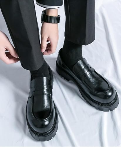 Men's Comfortable Soft Leather Round Toe Loafers Platform Chunky Fashion Business Casual Formal Work Shoes Retro Anti-Slip Lug Sole Slip-On Penny Loafers for Men4