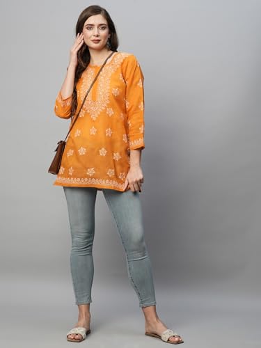 Image of Ada Hand Embroidered Lucknow Chikankari Straight Round Neck Cotton Blend Short Kurti Tunic Top for Women A911333