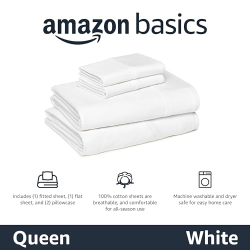 Image of Amazon Basics 100% Cotton Jersey Bed Sheet Set, Queen, White, Solid