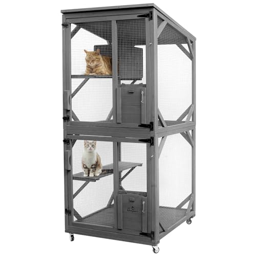 GEGURI Cat Catio Outdoor Cat Enclosure, Large Wooden Kitten Patio Indoor with Upgraded Resting Box, Waterproof Roof