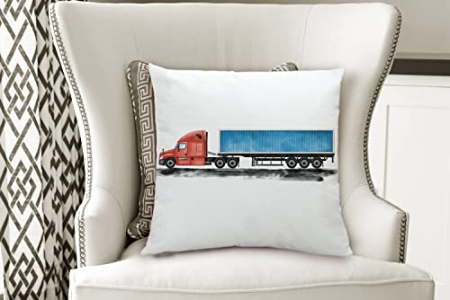 Semi Truck Pillow Cover 18X18 Inch Transportation Throw Pillow Case Watercolor Semi Trailer Container Pillowcase Cushion Cover For Couches And Sofas Vehicles Nursery Artwork Decor #TOP3