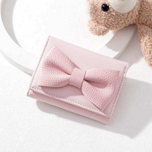 Women Girls Wallet Cute Bowknot Wallet Small Tri-Fold PU Leather Wallets Aesthetic Women Purse Short Trifold Wallets Cash Card Holder Bag (2-Pink)2