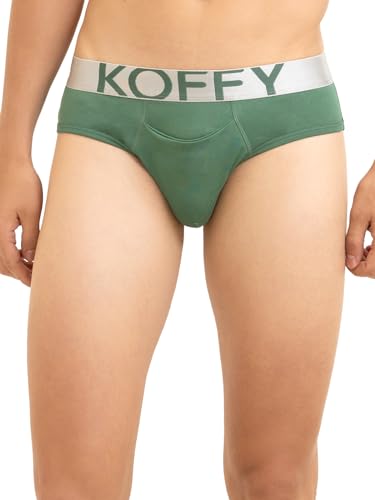 Image of KOFFY Men's Premium Cotton Lycra Brief with Minus Cutting Pouch| Silver Metallic Elastic| 4 Way Stretch| Wrinkle Free| Pack of 1