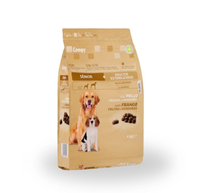 Compy Comida para Perros Senior y Adultos Esterilizados, Razas Medianas y Grandes, con Pollo, Frutas y Verduras, 4 kg