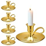 Uiifan 4 Pcs Antique Candlestick Holders Vintage Candle Holder Decor with Handle and Saucer Metal Taper Candle Holder Gold Candle Holders for Wedding Party Decoration Housewarming Gift(Gold)