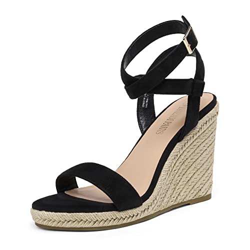 DREAM PAIRS Womens Open Toe Espadrilles Dressy Platform Sandals Buckle Ankle Strap Stylish Wedges Sandals 8 Black/Suede