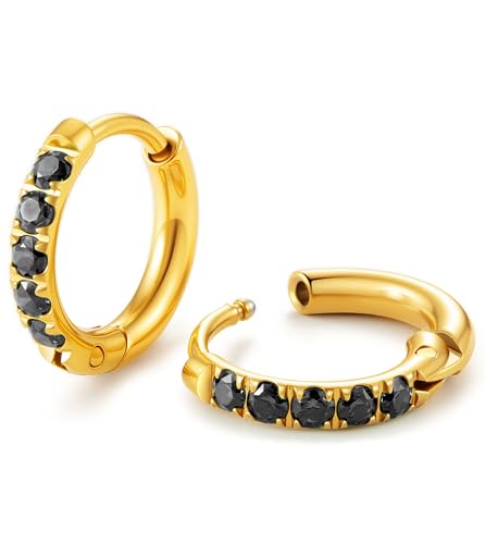 Image of Hypoallergenic Unisex Surgical Steel Small Cubic Zirconia Huggie Hoop Earring, Color Gold - Silver - Rose Gold - Black - Rainbow, Size 6mm- 12mm Safe for Sensitive Ear