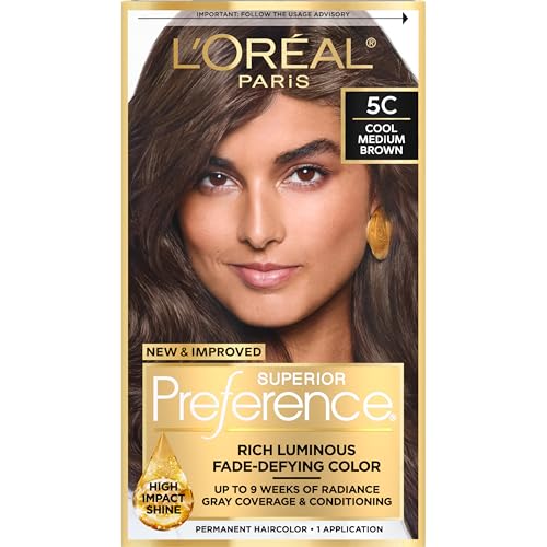 L'Oreal Paris Superior Preference Luminous Fade-Defying Permanent Hair Color, Hair Dye For Up to 9 Weeks of Radiance, Cool Medium Brown 5C, 1 Hair Dye Kit
