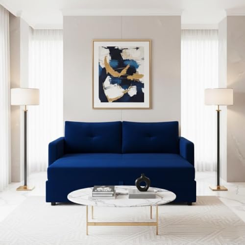 Image of CASASTYLE Seria 2 Seater Pull-Out Premium Fabric Sofa Cum Bed Sofa Set for Living Room (Dark Blue) Premium Velvet Finish | Ideal for Living Room, Bedrooms