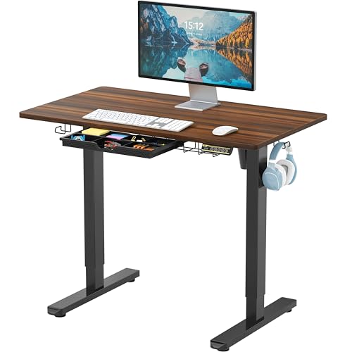 Image of SHW 40-Inch Electric Height Adjustable Standing Desk with Drawer, Memory Preset and Cable Management Tray, Walnut