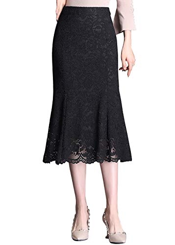 ebossy Women's Scallop Hem Mermaid Lace Midi Skirt Business Work Office Wear