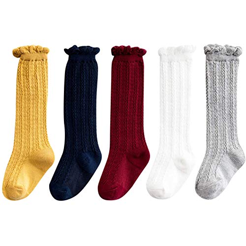 Toddler Knee High Socks for Baby Girls Infant Baby Thigh High Socks Baby Long Stockings Leg Warm for Newborn B 5 Pack Solid Color 3-12 Months