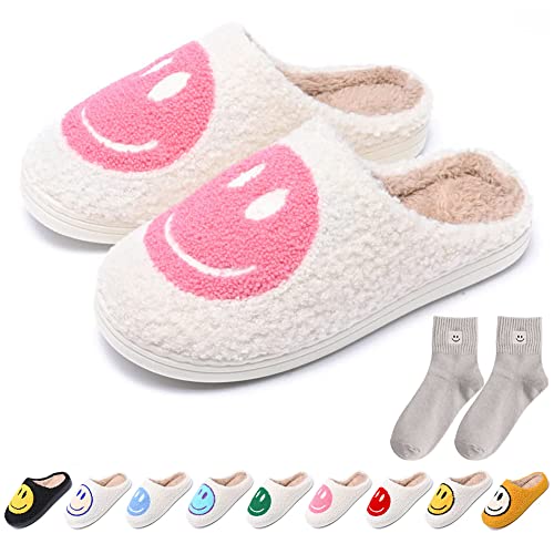 Image of AIMINUO Women's Men's Retro Preppy Happy Face Slippers Comfy Warm Plush Slip-On House Slipper for Winter Indoor Soft Cushion Non-slip Fluffy Slides Slippers