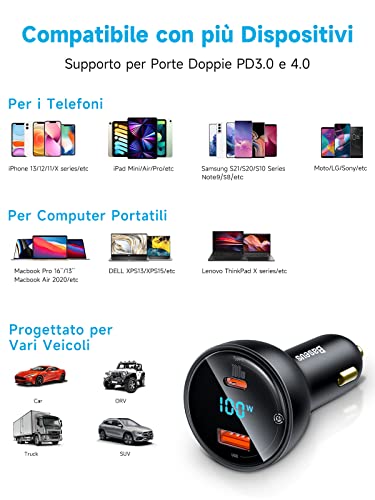 Baseus Caricabatterie Auto USB C 100W, PD3.0 QC4.0...