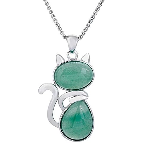 TUMBEELLUWA Stone Pendant Cat Healing Crystal Necklace Animal Energy Chakra Amulet Handmade Jewelry for Women,Green Aventurine Cover