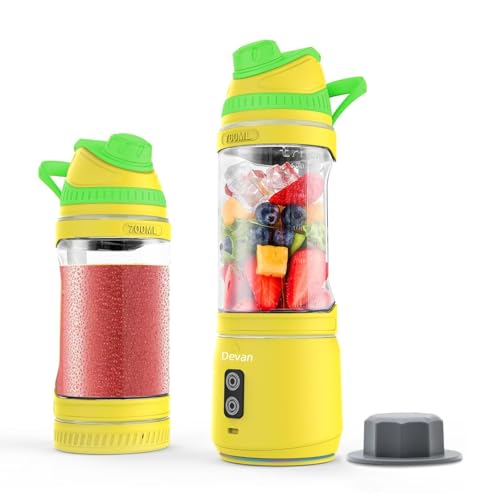 Portable Blender, Anti-Jamming 300 Watt for Shakes and Smoothies, 24oz Travel Blender USB Rechargeable, BPA Free Sporty bottle with a Travel Lid. (Black Base Grey Lid) (Yellow Base Green Lid)