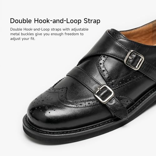 Image of BEAU TODAY Women's Leather Loafers, Wingtip Brogue Monk Strap Shoes | Genuine Leather, Round Toe, Low Heel, Metal Buckle, Non-Slip, Comfortable Business Casual Flats for Work and School