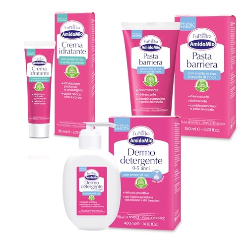 Euphidra - Kit Idratazione e Protezione Baby, con Pasta Barriera, Crema Idratante e Dermo Detergente, a Base di Amido di Riso e Acido Ialuronico, Lenitivo e Delicato per la Pelle dei Neonati