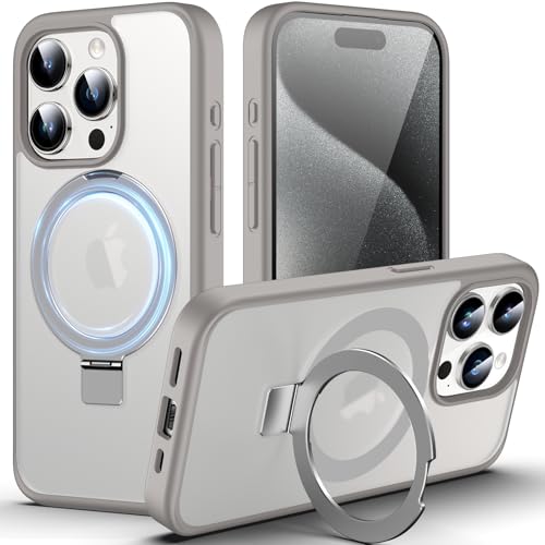Coque iPhone 15 Pro MagSafe grise mate anti-traces avec support de table rétractable