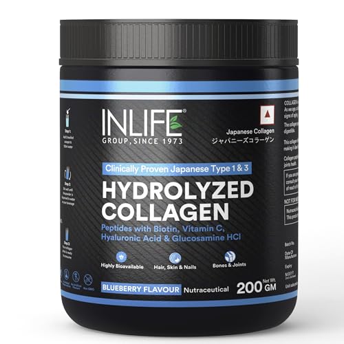 Image of INLIFE Japanese Collagen Powder | Hydrolyzed Collagen with Biotin & Hyaluronic Acid |Blueberry, 200g