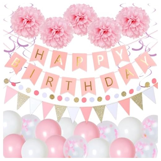 SUNBEAUTY Happy Birthday Girlande Set Geburtstag Dekoration Seidenpapier Pompoms Rosa Folie Spirale Deko (Rosa)