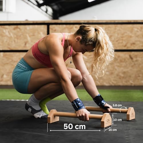 Image of CALI SPORTS Calisthenics Wood Parallettes Bars | Push Up Bar That Will Not Slip or Wobble | Wrist Wraps Included (Long)