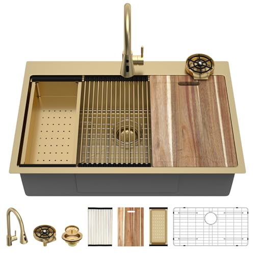 Image of 33 Gold Drop In Kitchen Sink - Kichae 33x22 Gold Brushed Stainless Steel Drop Sink 16 Gauge Ledge Workstation Single Bowl Topmount Overmount Handmade Basin with Faucet & Glass Rinser