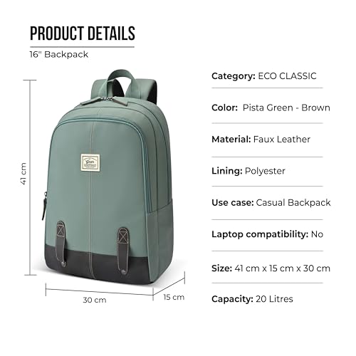 Image of Gear Eco Classic 16 inch /20L Medium Water Resistant Faux Leather Daypack | Casual Backpack | Travel Bag for Men /Women (Pista Green - Brown)