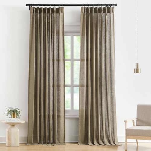 Image of Vision Home Brown Pinch Pleated Semi Sheer Curtains Textured Linen Blended Light Filtering Window Curtains 95 inch for Living Room Bedroom Pinch Pleat Drapes with Hooks 2 Panels 40 inch Wx95 L