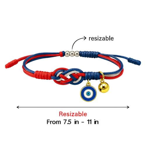 Evil Eye Bracelet with Bell for Women and Men, Red White Blue Adjustable Rope, Good Luck Protection, Red String Design4