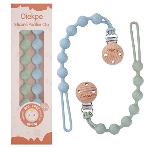 Image of Pacifier Clips for Baby Boys Girl - 100% Food Grade Silicone, One Piece Pacifier Clip Holder, Wooden Clips Design, Paci Clip Soothe Baby Binky Holder for Shower Birthday Gift(Sage+Ethe)