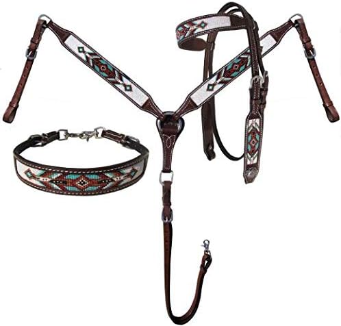 Showman Argentina Cow Leather Headstall & Breast Collar Set w/Teal Navajo Beaded Inlays