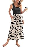 WNEEDU Summer Dress for Women 2025 Casual Maxi Sundress for Beach Tank Dress with Pockets Travel Vacation Outfits,Black Leaf,S