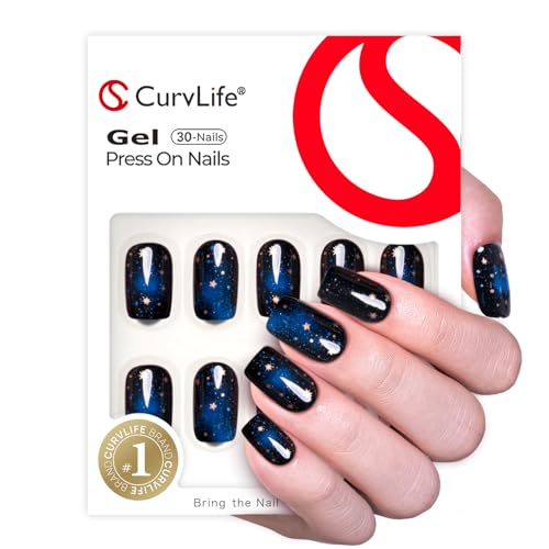Image of CurvLife Shrot Square Press On Nails, Starry Sky Black, Soft Gel