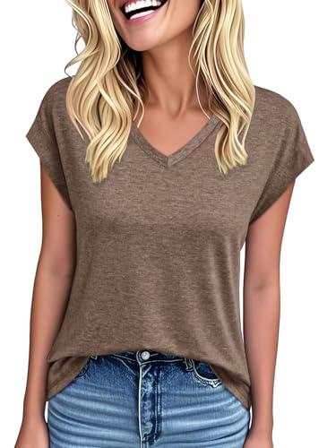 YOKGO Womens Summer Tops Short Sleeve Shirts V Neck Basic Tees Cap Sleeve T Shirts Casual Trendy Spring Fashion Clothes 2025 Khaki