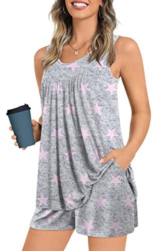 Popyoung 2023 Plus Size Women's Pajamas Sets, Summer Sleevelesss Tank Tops With Comfy Shorts, Lounge Sleepwear 2 Piece Ladies Pjs Sets With Pockets 4Xl, Pink Star-Wx #TOP21