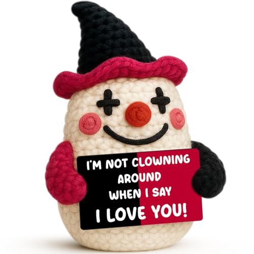 Crochet Clown I Love You Gifts for Him Her Boyfriend Girlfriend Easter Basket Stuffers Birthday Wedding Anniversary Romantic Gifts for Women Men Husband Wife Couples Friends Funny Decoration with Card