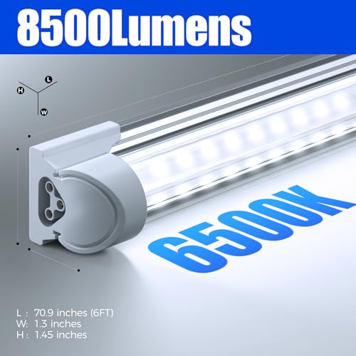 Image of Barrina T8 LED Shop Lights 6FT, 60W 8500LM 6500K, 10 Pack, High Output Tube | 6 Foot for Garage Workshop and Workbench, Super Bright White, Ceiling& Hanging, Linkable to 5, Aluminum, V Shape, Clear Cover