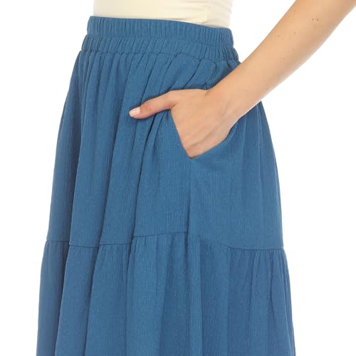 white mark Women's Elastic High Waist Pleated Tiered A-Line Swing Maxi Skirt with Pockets4