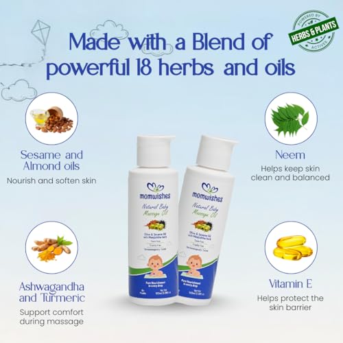 Image of Natural Baby Massage Oil with Olive & Sesame Oil | 100% Natural, Toxin Free, Dermatologically Tested | Powered by 18 Herbs & Oils for Gentle Baby Massage (0+ Months, 100ml)