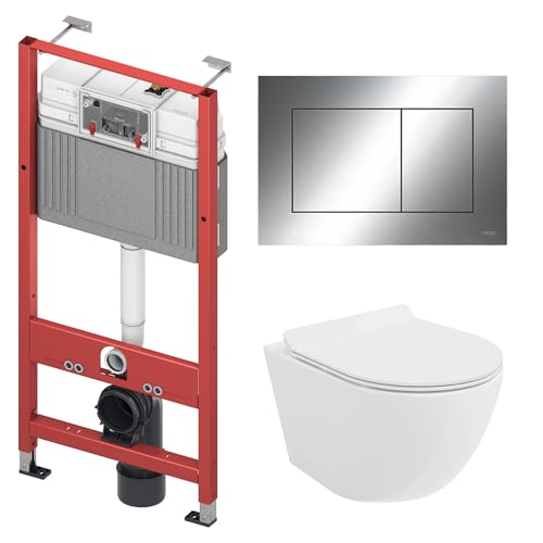BADLAND WC-Vorwandelement Set TECEbase mit Wand-WC Rolo Weiß, Schallschutzmatte & Betätigungsplatte Chrom – Komplettset für Trockenbau & Vorwandinstallation